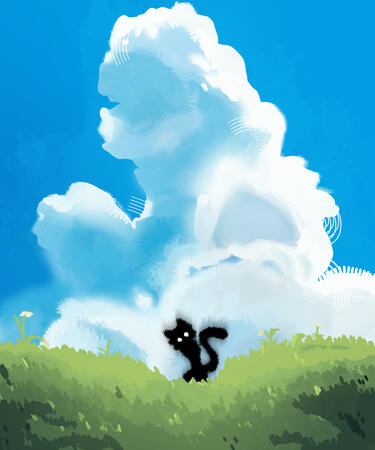Image of a Cumulonimbus behind a green glass field with a creature in the middle