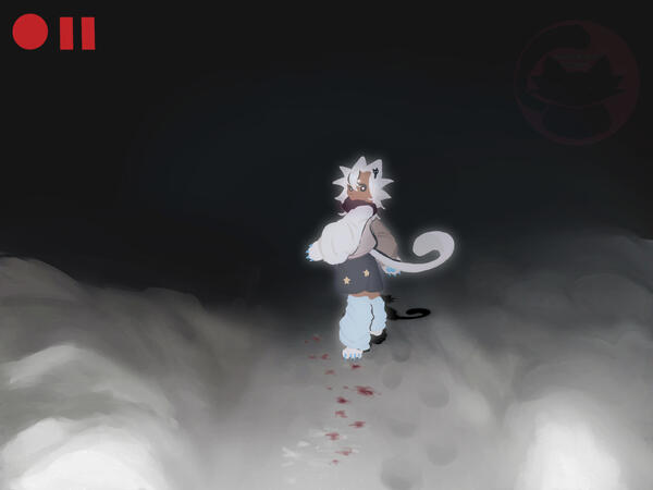 Cat boy walking towards the void in a bloody snow scenery